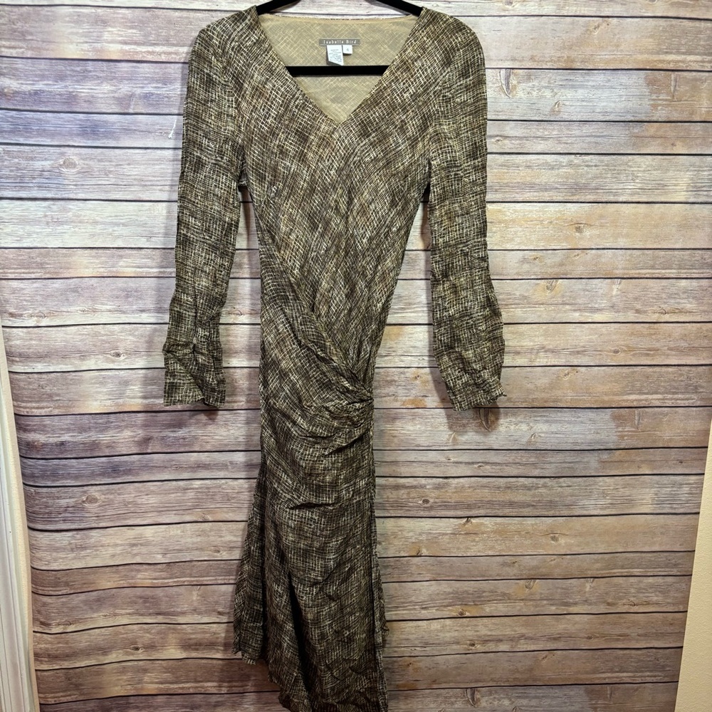 Isabella Bird Anthropologie Brown Print Faux Wrap Midi Dress Size 4